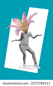 Creative image template collage of strange young youth lady with white lily face dancing active on 8 march day occasion