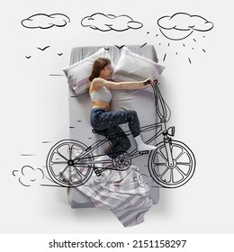 Creative Image. Top View Of Young Woman Lying On Bed, Sleeping, Dreaming About Riding Bike. Summertime Activity. Drawings And Doodles Design. Concept Of Imagination, Creativity, Dream, Relaxation, Fun