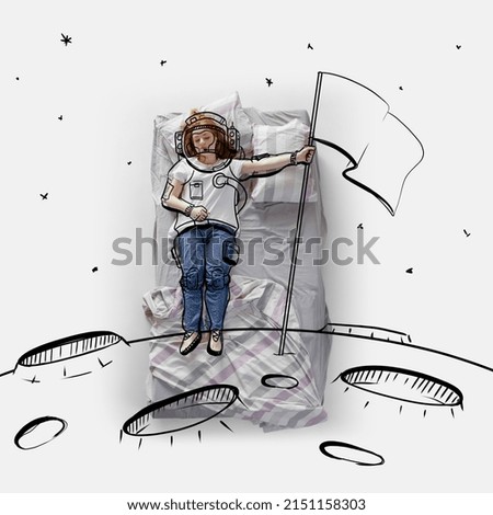 Creative image. Top view of young woman lying on bed, sleeping, dreaming about conquering space, moon. Drawings and doodles design. Concept of imagination, creativity, dreams, relaxation, fun