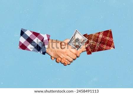 Creative image two man shake hands arms greeting gesture bribe hidden money transfer corruption crime body fragments drawing background