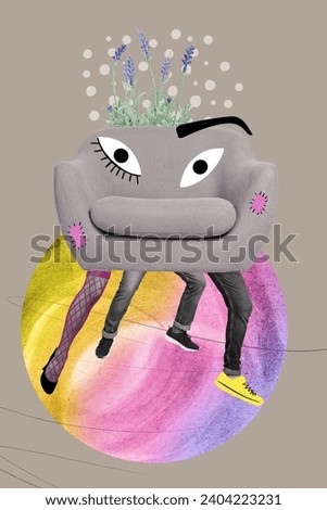 Creative imagination collage of unusual absurd creature with chair body for human legs furniture store mascot sign