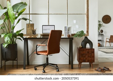 Creative Interior Composition Of Modern Masculine Home Office Workspace Design With Black Industrial Desk, Brown Leather Armchair, Laptop And Stylish Personal Accessories. Template.