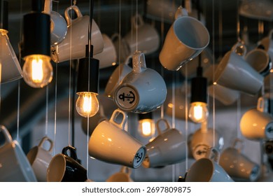 Creative interior design featuring hanging ceramic coffee mugs and warm vintage Edison light bulbs in a stylish bar.