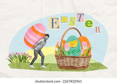 Creative invitation banner poster collage of funny man playing easter eggs hunt success catch big one carry wicker basket