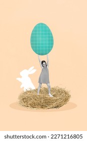 Creative invitation poster banner funky happy little girl enjoy easter egg hunt by bunny hold big huge one