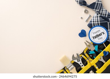 A creative layout celebrating Father's Day featuring various DIY tools, a stylish tie, and a Happy Father's Day tag on a soft beige background - Powered by Shutterstock