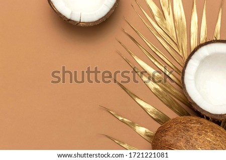 Creative layout with coconuts. Whole and half coconut, golden palm leaf on brown background. Minimal flat lay style, top view copy space. Healthy food concept. Tropical exotic fruit, summer background