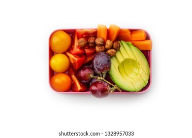 Creative Layout With Healthy Lunch Dishes Variety In Bento Boxes On Wooden Table. Sandwich, Slad With Grains And Pomegranate Seeds, Salmon With Rice And Fruit Snacks. Office Or School Lunch Concept