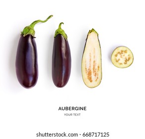 Creative layout made of aubergine. Flat lay. Food concept. Vegetables isolated on white background.