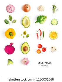 Creative Layout Made Of Avocado, Tomato, Onion, Beetroot, Pepper, Artichoke, Broccoli And Cucumber On The White Background.. Flat Lay. Food Concept. 