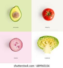 Creative layout made of avocado, tomato, onion and cabbage. Flat lay. Food concept.