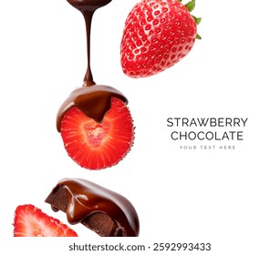 Creative layout made of bar of dark  chocolate and strawberry on the white background. Flat lay. Food concept.  Melted chocolate on the strawberry on the white.