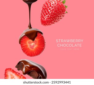 Creative layout made of bar of dark  chocolate and strawberry on the pink background. Flat lay. Food concept.  Melted chocolate on the strawberry on the pink.