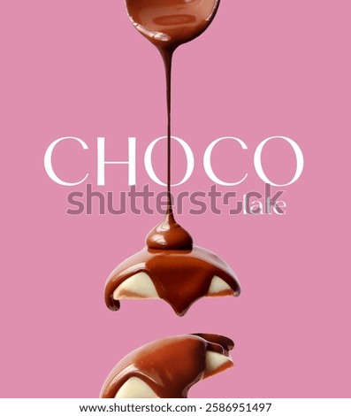 Creative layout made of bar of  dark and white chocolate on the blue background. Flat lay. Food concept.  Melted chocolate on the blue.