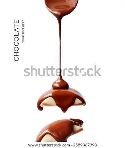 Creative layout made of bar of  dark and white chocolate  on the background. Flat lay. Food concept.  Melted chocolate on the blue.
