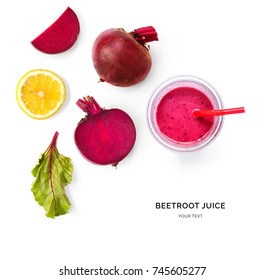 Creative layout made of beetroot juice. Flat lay. Food concept. Beetroot on the white background.