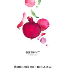 Creative layout made of beetroot with watercolor spots on the white background. Flat lay. Food concept.