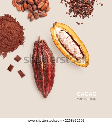 Creative layout made of black chocolate bar, cacao fruit, cacao powder, cacao nibs, cacao beans on beige background. Flat lay. Food concept. Macro concept.