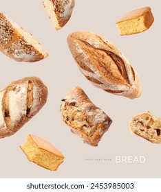 Creative layout made of bread on the beige background. Food concept. Macro concept.
