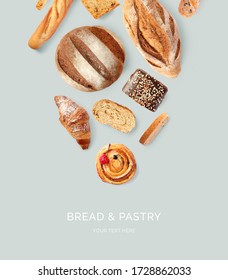 Creative layout made of bread and pastry, croissant, baguette, cake, rye bread. Flat lay. Food concept.