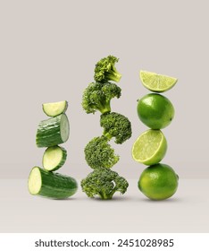 Creative layout made of broccoli, cucumber and lime on the beige background. Food concept. Macro concept.