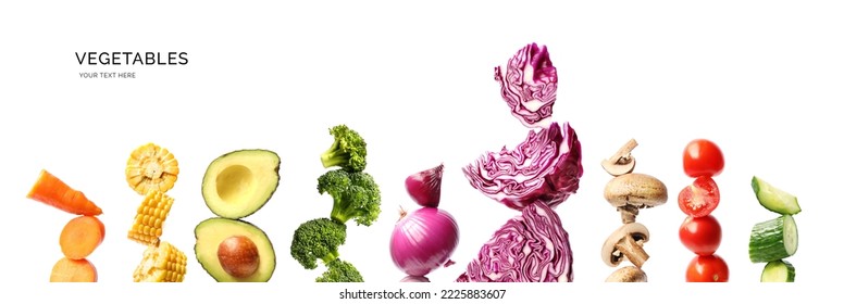 Creative layout made of cabbage, avocado, tomato, onion, broccoli , mushrooms, corn, carrot and cucumber on the white background.. Flat lay. Food concept.  - Shutterstock ID 2225883607