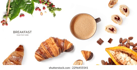 Creative layout made of cacao fruit and cacao beans, cappuccino and croissants on white background. Flat lay. Food concept. Macro concept.