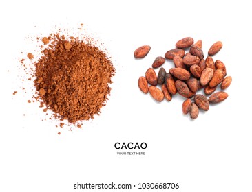 Creative layout made of cacao powder and cacao beans on the white background. Flat lay. Food concept. Macro  concept. - Shutterstock ID 1030668706