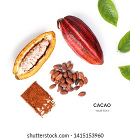 Creative layout made of cacao powder,  cacao fruit and cacao beans on the white background. Flat lay. Food concept. Macro  concept. - Shutterstock ID 1415153960