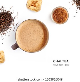 Creative layout made of chai tea on white background. Flat lay. Food concept. Macro concept.