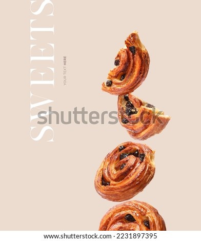 Creative layout made of cinnamon buns on the beige background. Flat lay. Food concept. Sweet Pastry.