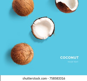 Creative Layout Made Of Coconut On Blue Background. Flat Lay. Food Concept. Macro  Concept.