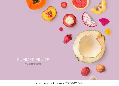 Creative layout made of coconut, peach, grapefruit, dragonfruit, mangosteen, papaya, lychee, raspberry and strawberry. Flat lay. Food concept. Macro  concept. Tropical fruits. - Shutterstock ID 2002501538