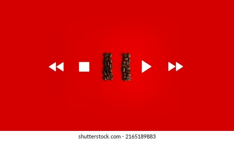 Creative layout made of coffee beans in pause shape with stop and play icons against vibrant red background. Flat lay, copy space. Good morning. Coffee art. Minimal design. Coffee break. - Shutterstock ID 2165189883