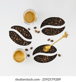 Creative layout made with coffee beans visible through a coffee beans shaped gaps and two cups of coffees on white background. Minimal concept. Coffee aesthetic. Flat lay, top view.