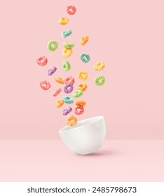Creative layout made of colorful corn rings and cup on the pink background. Food concept. Macro concept. Breakfast cereals on the pink.