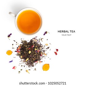 Creative layout made of cup of herbal tea on a white background. Top view.