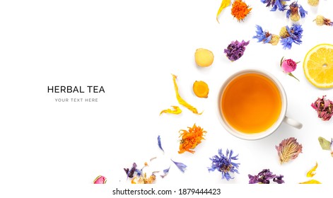 Creative layout made of a cup of herbal tea on a white background. Top view.  - Shutterstock ID 1879444423
