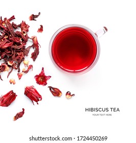 Creative layout made of cup of hibiscus tea  on a white background. Top view.