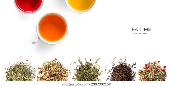 Creative layout made of cup of tea, green tea, black tea, fruit and herbal tea, sencha, ginger on white background.Flat lay. Food concept.