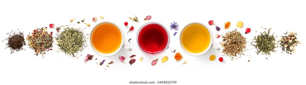 Creative layout made of cups of tea, green tea, black tea, fruit and herbal tea, sencha, hibiscus, ginger on white background.Flat lay. Food concept. - Powered by Shutterstock