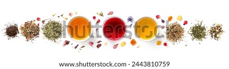 Creative layout made of cups of tea, green tea, black tea, fruit and herbal tea, sencha, hibiscus, ginger on white background.Flat lay. Food concept.