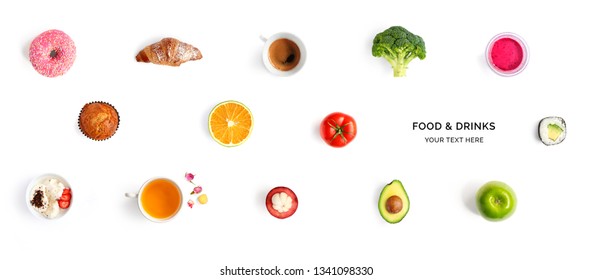 Creative Layout Made Of Donut, Coffee, Orange Muffin, Sushi, Broccoli, Ice Cream, Avocado, Tomato, Orange, Apple, Mangosteen And Croissant On White Background. Flat Lay. Food Concept.