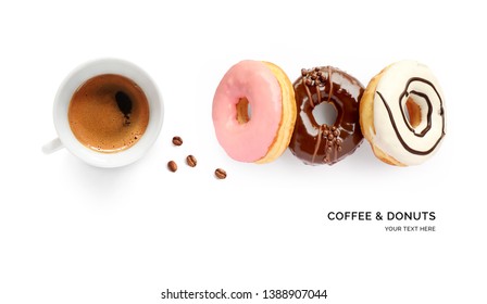 Creative layout made of donuts and coffee on white background. Flat lay. Food concept. Macro  concept. - Powered by Shutterstock