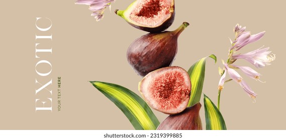 Creative layout made of figs, exotic flowers on the beige background. Flat lay. Food concept.
