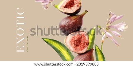 Creative layout made of figs, exotic flowers on the beige background. Flat lay. Food concept.
