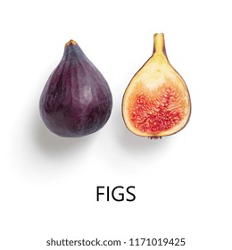 Creative layout made of figs. Half and whole fig isolated on white with clipping path. Ripe violet figs with copy space for text. Top view or flat lay.