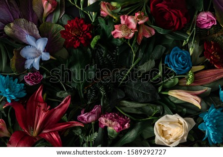 Creative layout made of flowers and leaves. Flat lay. Nature concept. Floral Greeting card. Colorful spring flower background, space for text. Nature Trendy Decorative Design.