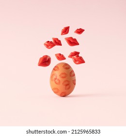 Creative Layout Made Of Flying Red Lips And Natural Easter Egg With Lipstick Kisses Against Pink Background. Minimal Holiday Love Or Women's Day Concept.