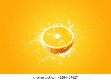 Creative layout made from Fresh Sliced oranges and Orange fruit and water Splashing on a orange background. - Shutterstock ID 2284469627